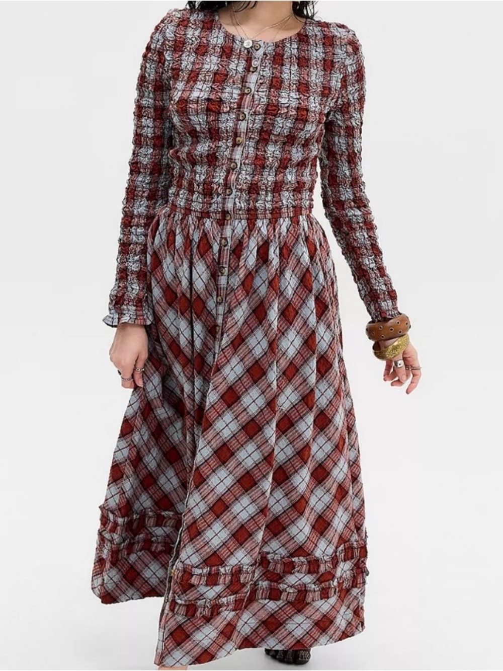 Damson Madder Red Blue Plaid Posey Cardi Organic Cotton Smocked Midi Dress - Picture 3 of 8